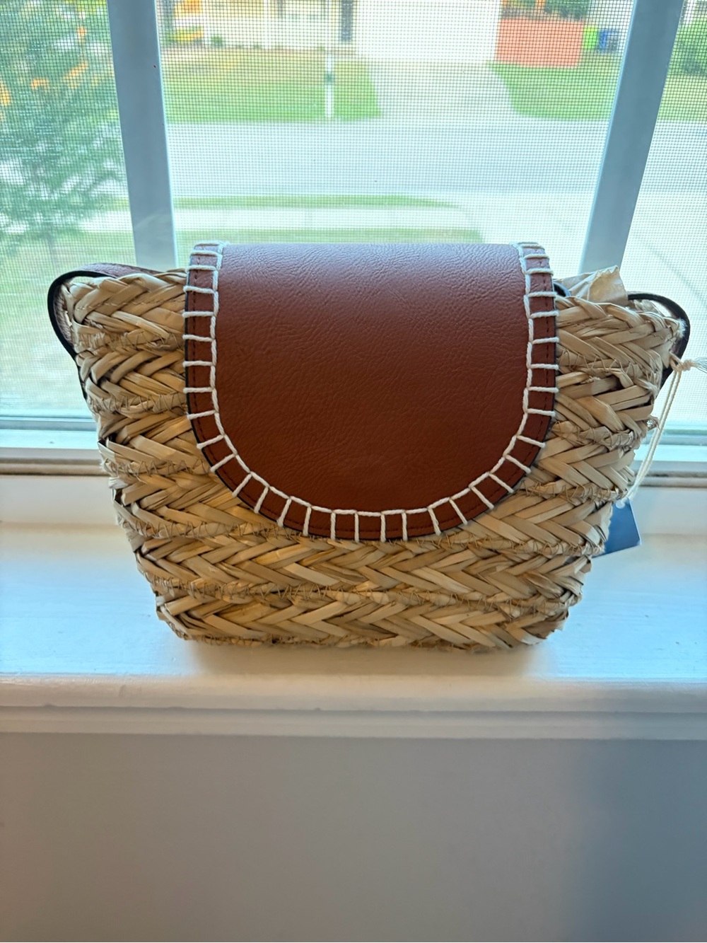 Universal Thread Woven Straw Crossbody with Brown Flap